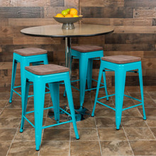 24" High Metal Counter-Height, Indoor Bar Stool with Wood Seat in Teal - Stackable Set of 4 [FLF-4-ET-31320W-24-TL-R-GG]