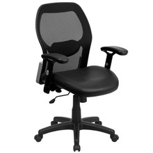 Mid-Back Black Super Mesh Executive Swivel Office Chair with LeatherSoft Seat and Adjustable Lumbar & Arms [FLF-LF-W42B-L-GG]