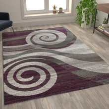 Cirrus Collection 8' x 10' Purple Swirl Patterned Olefin Area Rug with Jute Backing for Entryway, Living Room, Bedroom [FLF-OKR-RG1103-810-PU-GG]