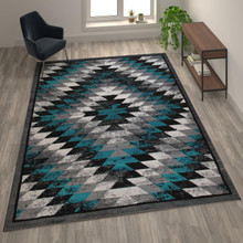 Teagan Collection Southwestern 8' x 10' Turquoise Area Rug - Olefin Rug with Jute Backing - Entryway, Living Room, Bedroom [FLF-OKR-RG1106-810-TQ-GG]