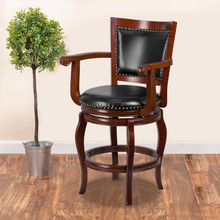 26'' High Cherry Wood Counter Height Stool with Arms, Panel Back and Black LeatherSoft Swivel Seat [FLF-TA-2125-24-CHY-GG]