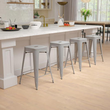 24" High Metal Counter-Height, Indoor Bar Stool in Silver - Stackable Set of 4 [FLF-4-ET-31320-24-SV-R-GG]