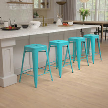 24" High Metal Counter-Height, Indoor Bar Stool in Teal - Stackable Set of 4 [FLF-4-ET-31320-24-TL-R-GG]