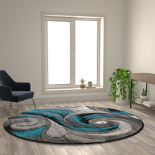 Tellus Collection 8' x 8' Round Olefin Turquoise Ocean Waves Pattern Area Rug with Jute Backing - Entryway, Living Room, Bedroom [FLF-ACD-RG410-88-TQ-GG]