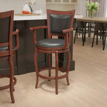 30'' High Cherry Wood Barstool with Arms, Panel Back and Black LeatherSoft Swivel Seat [FLF-TA-21259-CHY-GG]
