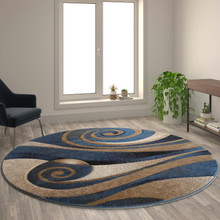 Coterie Collection 8' x 8' Round Modern Circular Patterned Indoor Area Rug - Blue and Beige Olefin Fibers with Jute Backing [FLF-ACD-RG2775-88-BL-GG]