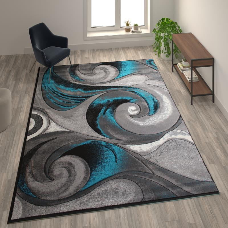 Flash Furniture Tellus Collection 8 X 10 Olefin Turquoise Ocean Waves Pattern Area Rug With Jute Backing For Entryway Living Room Bedroom