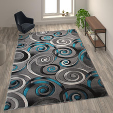 Masie Collection 8' x 10' Turquoise Swirl Olefin Area Rug with Jute Backing - Entryway, Living Room, Bedroom [FLF-ACD-RG414-810-TQ-GG]