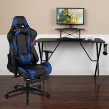 Black Gaming Desk with Cup Holder/Headphone Hook and Monitor/Smartphone Stand & Blue Reclining Gaming Chair with Footrest  [FLF-BLN-X30RSG1031-BL-GG]