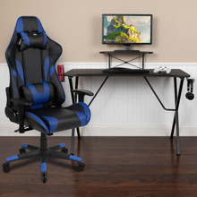 Black Gaming Desk and Blue Reclining Gaming Chair Set with Cup Holder, Headphone Hook, and Monitor/Smartphone Stand [FLF-BLN-X20RSG1031-BL-GG]