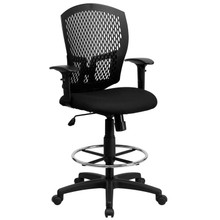 Mid-Back Designer Back Drafting Chair with Fabric Seat and Adjustable Arms [FLF-WL-3958SYG-BK-AD-GG]