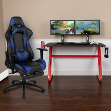 Red Gaming Desk with Cup Holder/Headphone Hook & Blue Reclining Gaming Chair with Footrest [FLF-BLN-X30RSG1030-BL-GG]