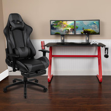 Red Gaming Desk with Cup Holder/Headphone Hook & Gray Reclining Gaming Chair with Footrest [FLF-BLN-X30RSG1030-GY-GG]