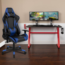 Red Gaming Desk and Blue Reclining Gaming Chair Set with Cup Holder and Headphone Hook [FLF-BLN-X20RSG1030-BL-GG]