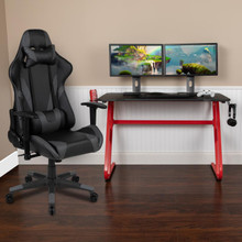Red Gaming Desk and Gray Reclining Gaming Chair Set with Cup Holder and Headphone Hook [FLF-BLN-X20RSG1030-GY-GG]