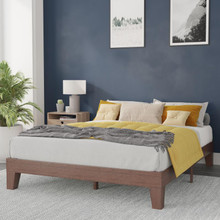 Evelyn Walnut Finish Solid Wood Queen Platform Bed with Wooden Support Slats, No Box Spring Required [FLF-YKC-1090-Q-WAL-GG]