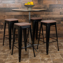 30" High Metal Indoor Bar Stool with Wood Seat in Black - Stackable Set of 4 [FLF-4-ET-31320W-30-BK-R-GG]
