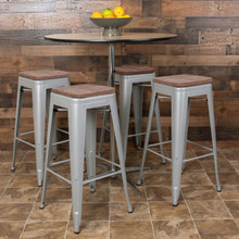 30" High Metal Indoor Bar Stool with Wood Seat in Silver - Stackable Set of 4 [FLF-4-ET-31320W-30-SV-R-GG]