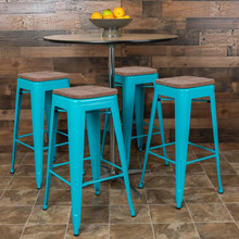 30" High Metal Indoor Bar Stool with Wood Seat in Teal - Stackable Set of 4 [FLF-4-ET-31320W-30-TL-R-GG]