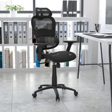 Ergonomic Mesh Office Chair with 2-to-1 Synchro-Tilt, Adjustable Headrest, Lumbar Support, and Adjustable Pivot Arms in Black [FLF-H-LC-1388F-1K-BK-GG]