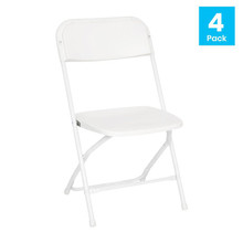 Set of 4 Comfort White Plastic Folding Chairs, Commercial Grade Contoured Big & Tall, 650lb