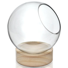 Case of 6 - Glass Bubble Bowl With Wood Base, H-8.5" W-7"