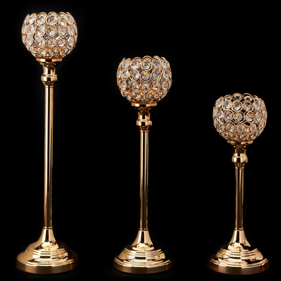 Crystal Ball Candle Holder Stand 3 Set - Gold - EventsWholesale.com