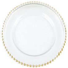 Case of 8 Gold Beaded Round Glass Charger Plates, Event Tabletop Decor - 12"