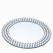 Case of 8 Round Silver Mirror Glass Charger Plates with Diamond Beaded Rim - 13"