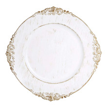 Case of 24 White Washed Gold Embossed Baroque Charger Plates, Round With Antique Design Rim - 13"