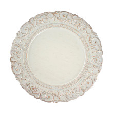 Case of 24 Antique White / Gold Vintage Plastic Charger Plates With Engraved Baroque Rim, Round Disposable Serving Trays - 14"