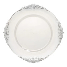 Case of 24 Clear Silver Embossed Baroque Round Charger Plates With Antique Design Rim - 13"