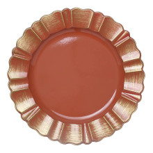 Case of 24 Round Terracotta Acrylic Plastic Charger Plates With Gold Brushed Wavy Scalloped Rim - 13"