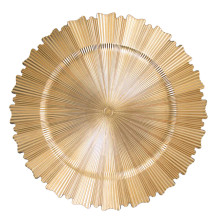 Case of 24 Metallic Gold Sunray Acrylic Plastic Charger Plates, Round Scalloped Rim Disposable Serving Trays - 13"
