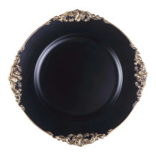 Case of 24 Matte Black Gold Embossed Baroque Round Charger Plates With Antique Design Rim - 13"