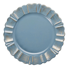 Case of 24 Round Dusty Blue Acrylic Plastic Charger Plates With Gold Brushed Wavy Scalloped Rim - 13"