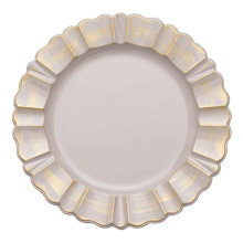 Case of 24 Round Nude Taupe Acrylic Plastic Charger Plates With Gold Brushed Wavy Scalloped Rim - 13"