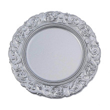 Case of 24 Metallic Silver Vintage Plastic Charger Plates With Engraved Baroque Rim, Round Disposable Serving Trays - 14"