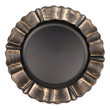 Case of 24 Round Matte Black Acrylic Plastic Charger Plates With Gold Brushed Wavy Scalloped Rim - 13"