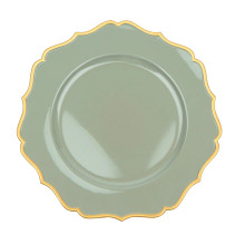 Case of 24 Dusty Sage / Gold Scalloped Rim Acrylic Charger Plates, Round Plastic Charger Plates - 13"