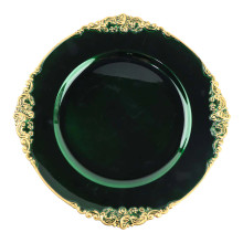 Case of 24 Hunter Emerald Green Gold Embossed Baroque Round Charger Plates With Antique Design Rim - 13"