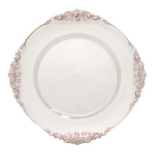 Case of 24 Clear Rose Gold Embossed Baroque Round Charger Plates With Antique Design Rim - 13"