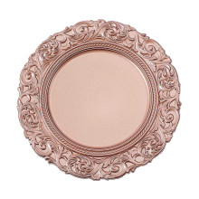 Case of 24 Metallic Rose Gold Vintage Plastic Charger Plates With Engraved Baroque Rim, Round Disposable Serving Trays - 14"