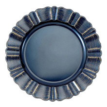 Case of 24 Round Navy Blue Acrylic Plastic Charger Plates With Gold Brushed Wavy Scalloped Rim - 13"
