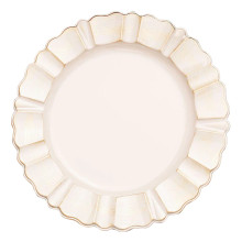 Case of 24 Round Beige Acrylic Plastic Dinner Plate Chargers With Gold Brushed Wavy Scalloped Rim - 13"