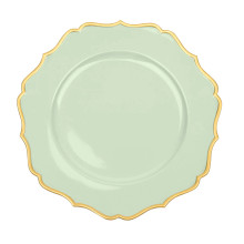 Case of 24 Sage Green / Gold Scalloped Rim Acrylic Charger Plates, Round Plastic Charger Plates - 13"