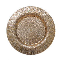 Case of 24 Gold Embossed Peacock Design Disposable Charger Plates, Round Plastic Serving Plates - 13"
