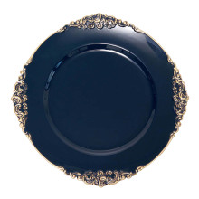Case of 24 Navy Blue Gold Embossed Baroque Round Charger Plates With Antique Design Rim - 13"