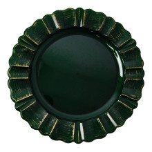Case of 24 Round Hunter Emerald Green Acrylic Plastic Charger Plates With Gold Brushed Wavy Scalloped Rim - 13"