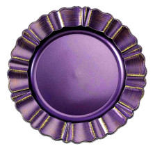 Case of 24 Round Purple Acrylic Plastic Charger Plates With Gold Brushed Wavy Scalloped Rim - 13"